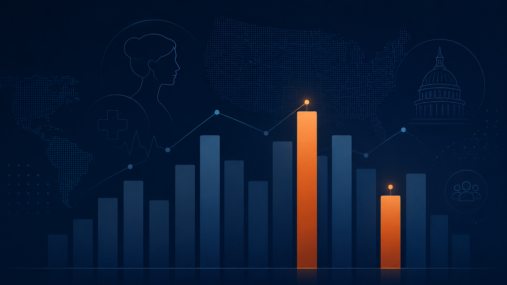 Data charts with women's health and U.S. Capitol icons, representing health and policy analysis