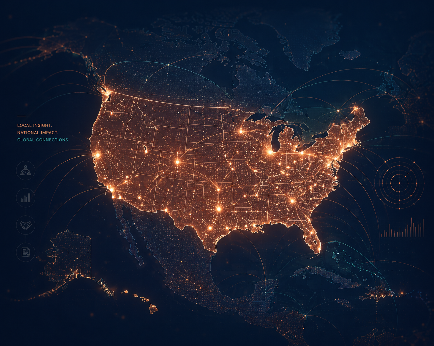 An illuminated map of the United States representing local insight and national impact